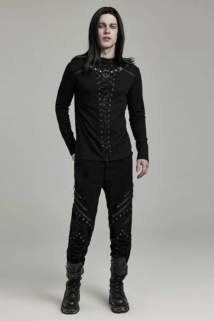 Black Long Sleeves Stitching Lace-Up Ripped Men's Punk Blouse