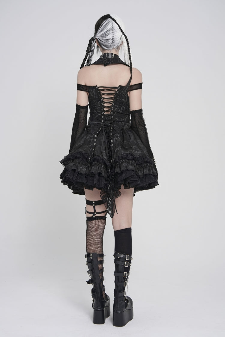 Black Off Shoulder Lace-Up Irregular Chain-Decorated Women's Punk Vest
