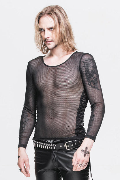 Black Diamond Shaped Mesh Round Neck Long Sleeves Mens Punk T-Shirt