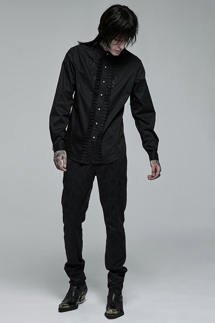 Black Gothic Delicate Decals Placket Pleated Ruffle Long Sleeve Men's Shirt