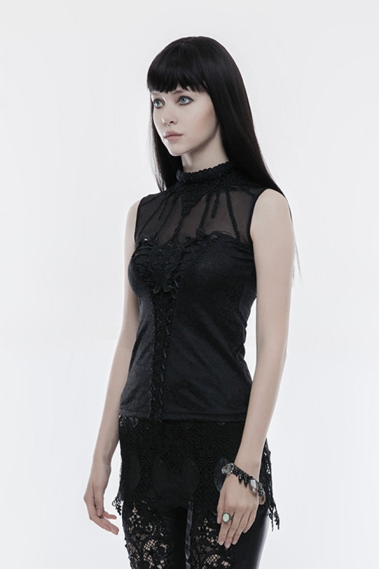Black High Collar Sleeveless Stitching Lace Lace-Up Mesh Women's Gothic T-Shirt