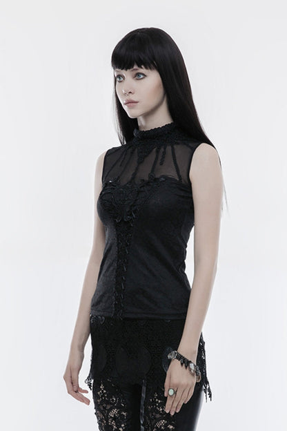 Black High Collar Sleeveless Stitching Lace Lace-Up Mesh Women's Gothic T-Shirt