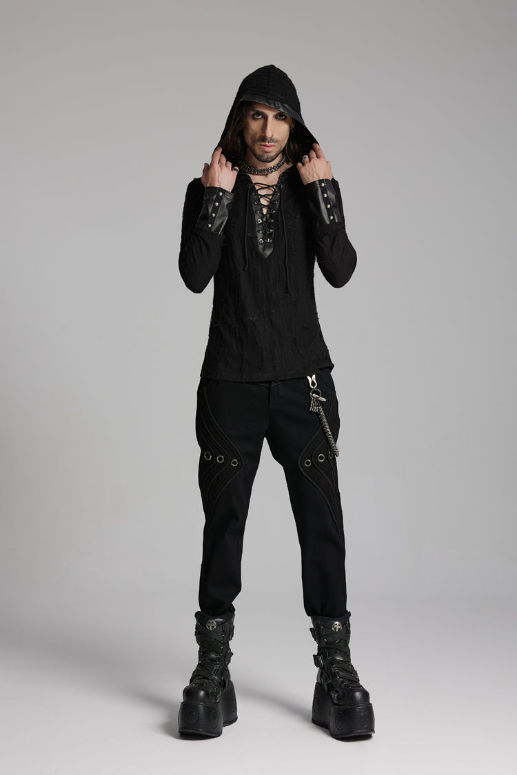 Black Long Sleeves Lace-Up Hooded Studs Eyelets Men's Punk T-Shirt