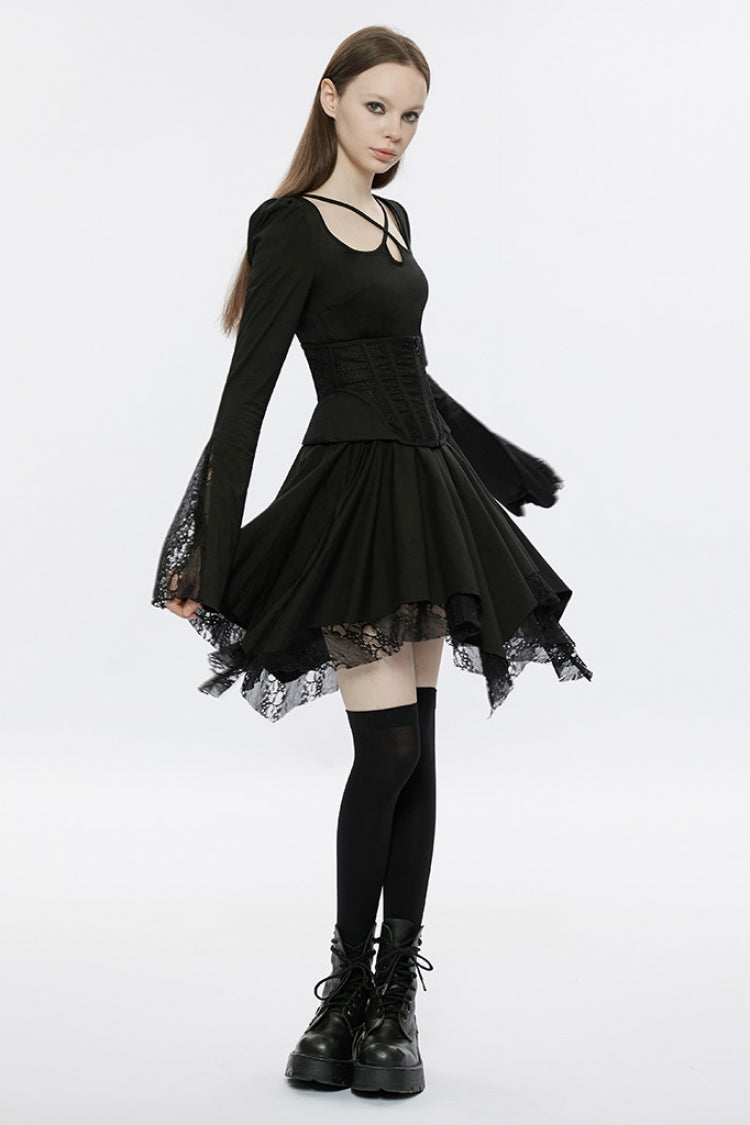 Black Long Trumpet Sleeves Stitching Lace Asymmetric Women's Gothic Dress