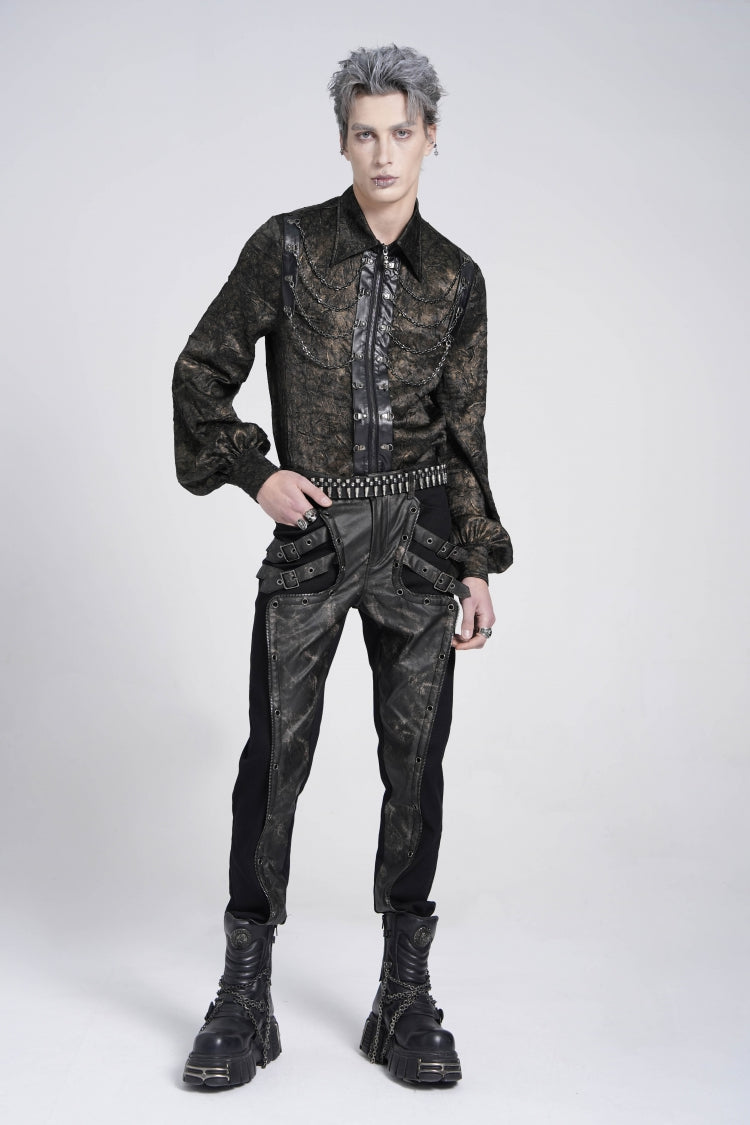 Black Lapel Collar Long Puff Sleeves Faux Leather Stitching Men's Gothic Blouse with Chain