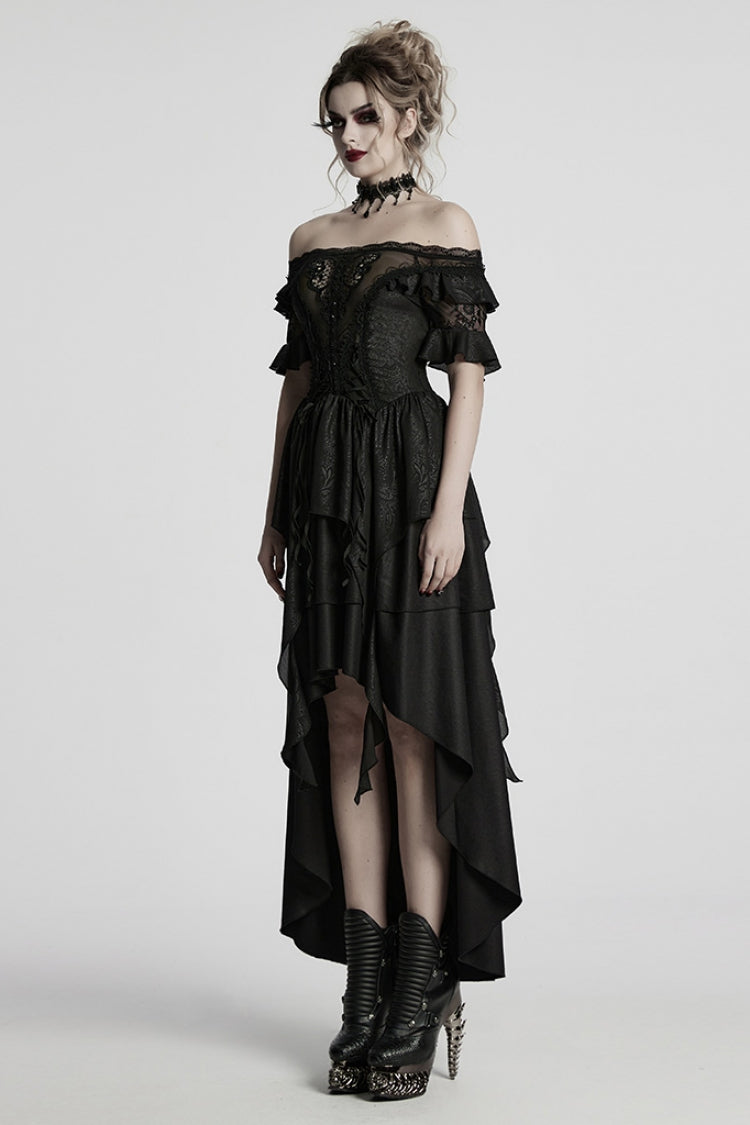 Black Off Shoulder Ruffle Sheer Women's Gothic High/low Prom Dress