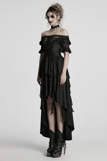 Black Off Shoulder Ruffle Sheer Women's Gothic High/low Prom Dress