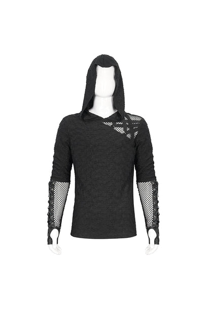 Black Lace Up Mesh Splice Long Sleeve Men's Punk Hoodies