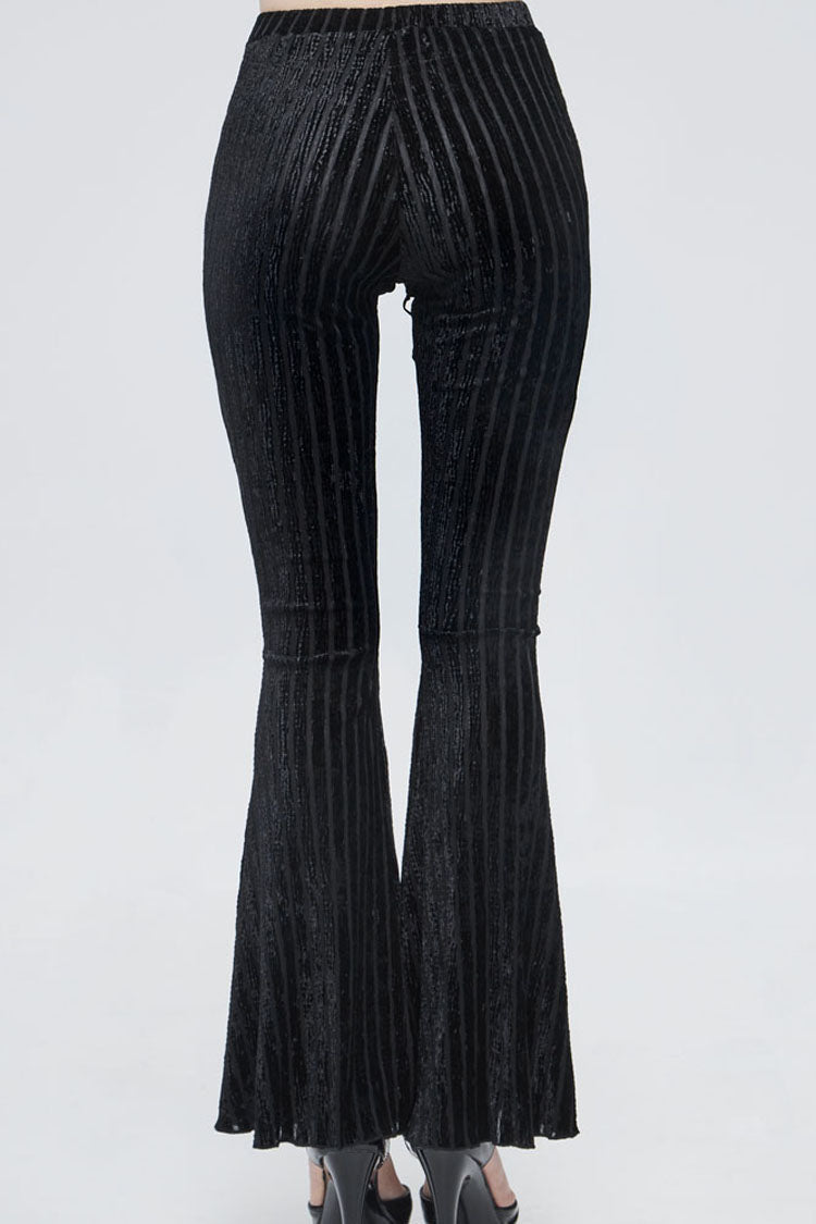 Black Gothic Striped Flocking V-Shaped Cross Lace Stitching Flared Women's Pants