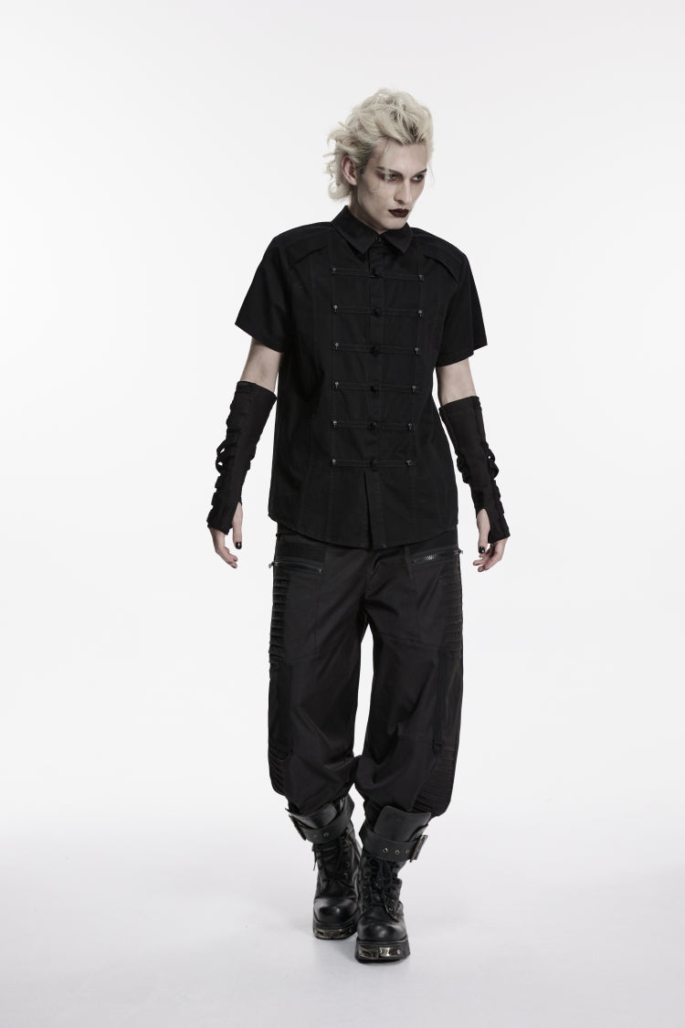Black Lapel Collar Short Sleeves Studded Men's Punk Skull Handsome Cool Shirt