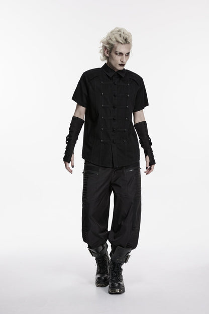 Black Lapel Collar Short Sleeves Studded Men's Punk Skull Handsome Cool Shirt