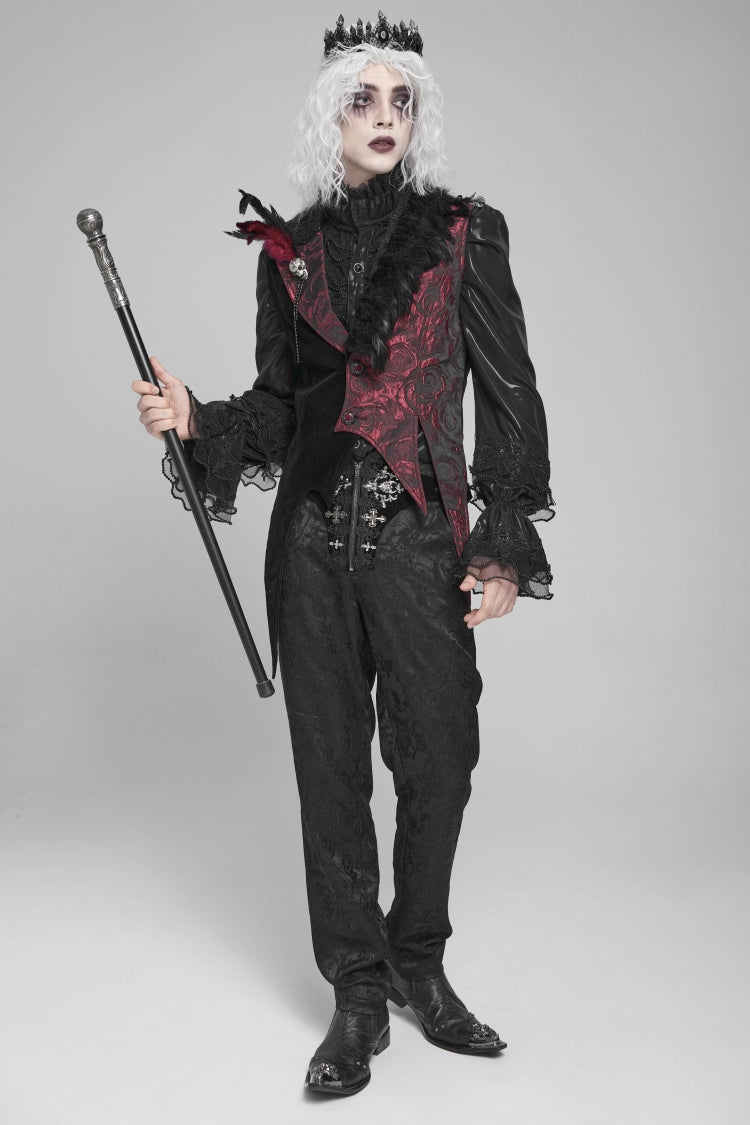 Black Long Sleeves Rose Print Irregular Contrast Color Men's Gothic Vest with Detachable Feather Accessory