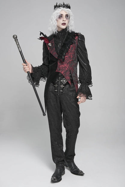 Black Long Sleeves Rose Print Irregular Contrast Color Men's Gothic Vest with Detachable Feather Accessory