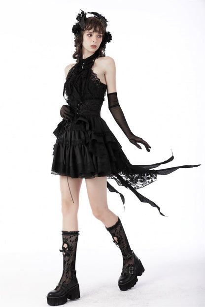 Black Off Shoulder Halterneck Lace Crinkle Women's Gothic Tank Top