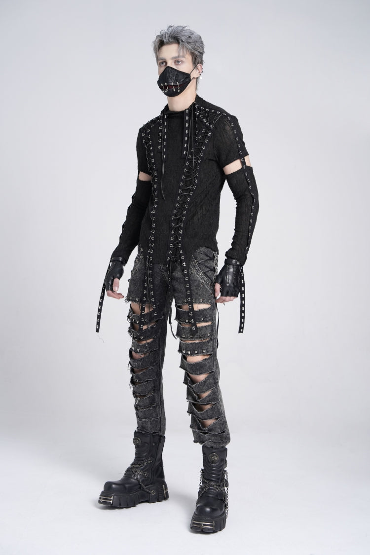 Black Long Sleeves Strap Lace-Up Irregular Mesh Men's Gothic T-Shirt