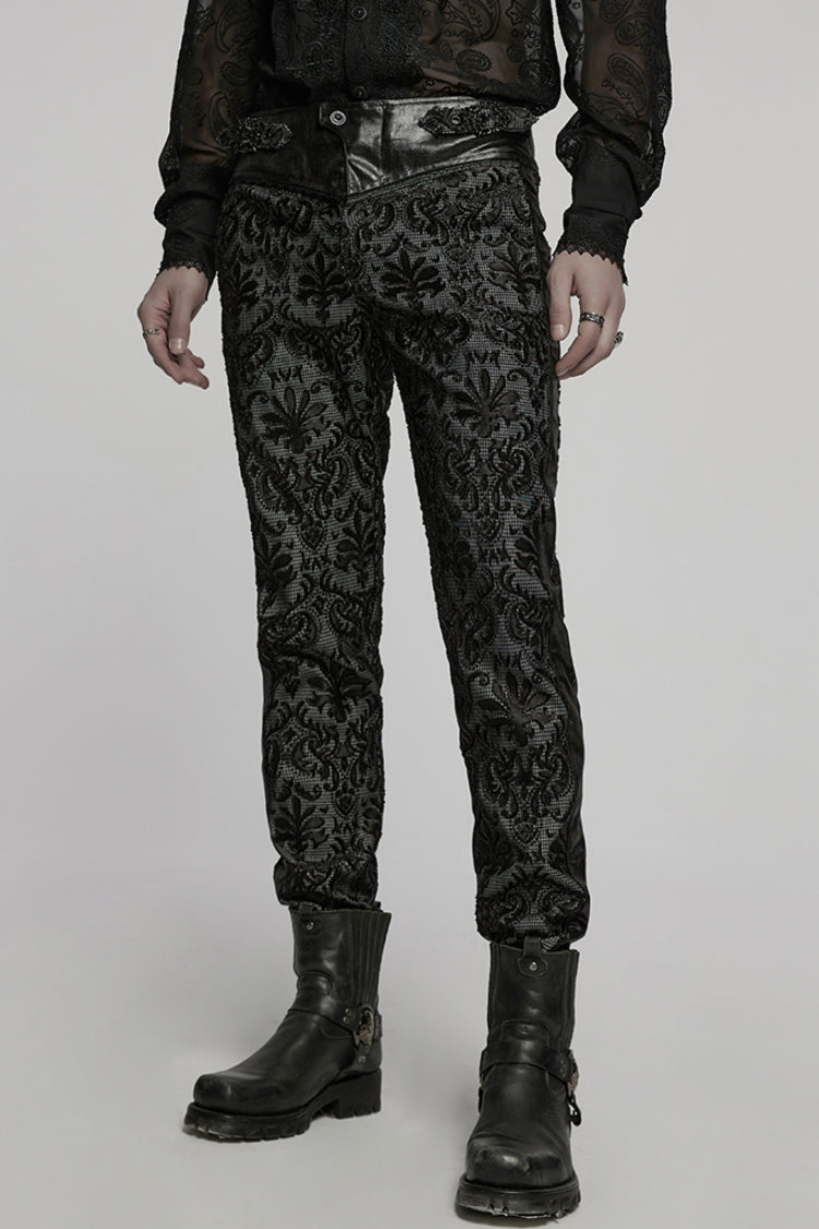 Black Print Floral Embroidery Buckle Men's Gothic Pants