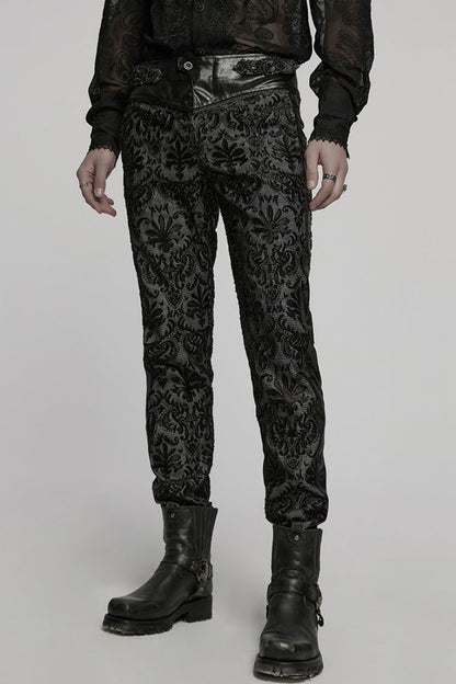 Black Print Floral Embroidery Buckle Men's Gothic Pants