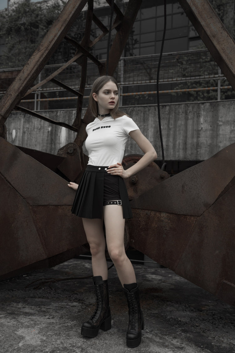 Black Fake Two Pieces Side Metal Buckle Women's Punk Skirt