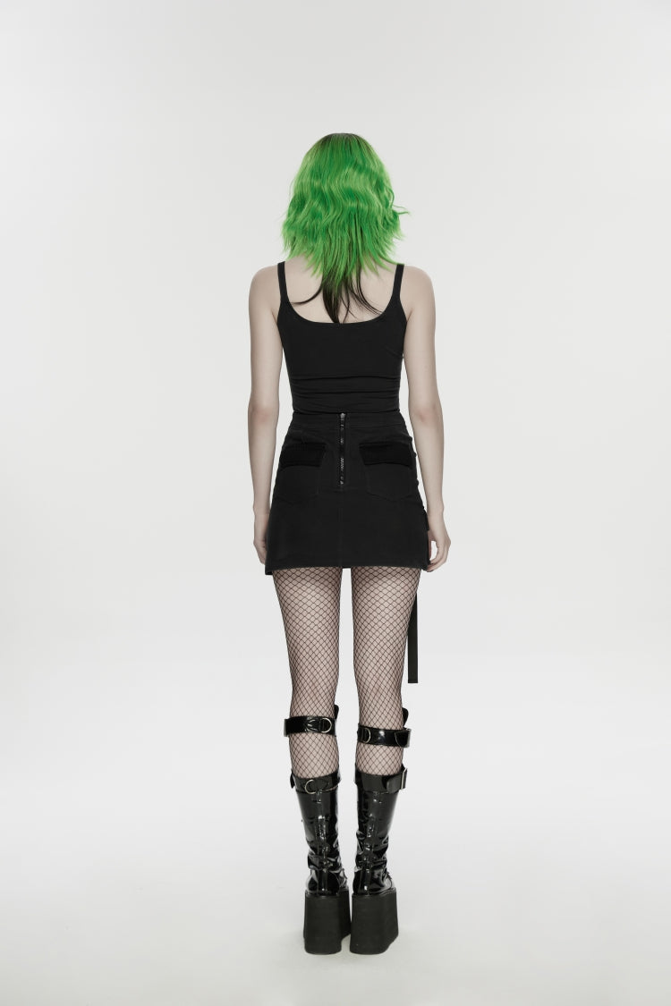 Black Lace-Up Slim Asymmetric Zippered Eyelet Women's Punk Handsome Skirt