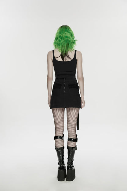 Black Lace-Up Slim Asymmetric Zippered Eyelet Women's Punk Handsome Skirt