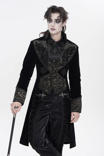 Black Lapel Collar Long Sleeves Jacquard Embroidered Slim Color-Blocked Men's Gothic Jacket