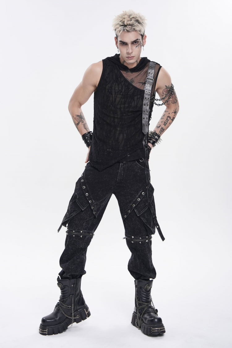 Black Hooded Sheer Asymmetric Chain-Decorated Men's Punk Hooded Vest