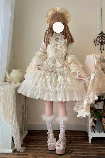 Apricot [Love and Heart Flutter] Sleeveless Multi-Layered Ruffle Bowknot Lace Pearl Sweet Lolita Jsk Dress