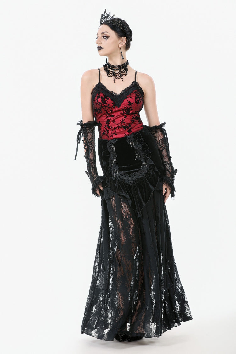 Black Multi-Layered Ruffled Velvet Spliced Lace Lace-Up Women's Gothic Long Skirt