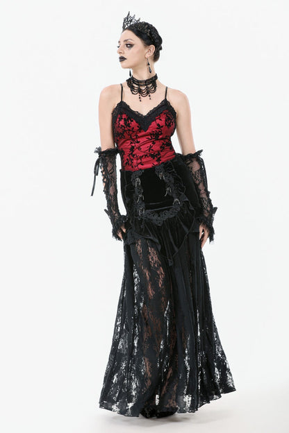 Black Multi-Layered Ruffled Velvet Spliced Lace Lace-Up Women's Gothic Long Skirt