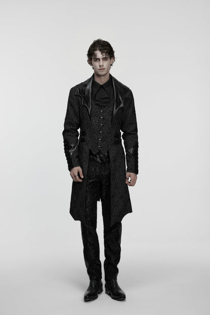 Black Lapel Collar Long Sleeves Jacquard Spliced Lace-Up Slim Buckled Men's Gothic Coat