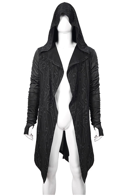 Black Hooded Wrinkled Sleeves Circuit Diagram Print Knit Long Mens Punk Coat