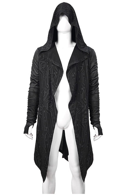 Black Hooded Wrinkled Sleeves Circuit Diagram Print Knit Long Mens Punk Coat
