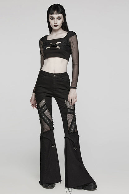 Black Mesh Women's Punk Eyelet Ring Flared Pants