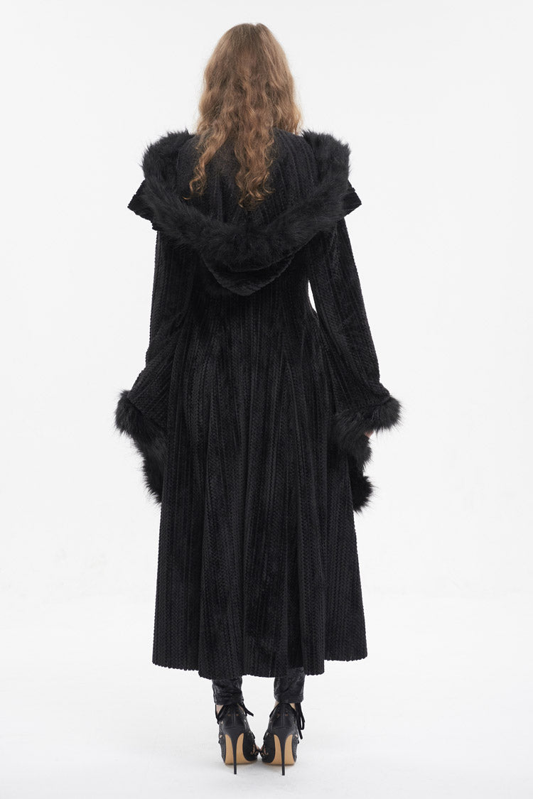 Black Flared Sleeved Fluffy Long Women's Gothic Coat With Hood