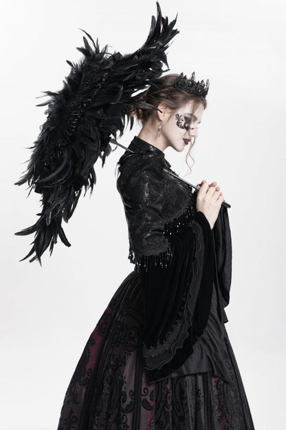 Black Long Sleeves Floral Embroidery Women's Gothic Beaded Frog Short Jacket