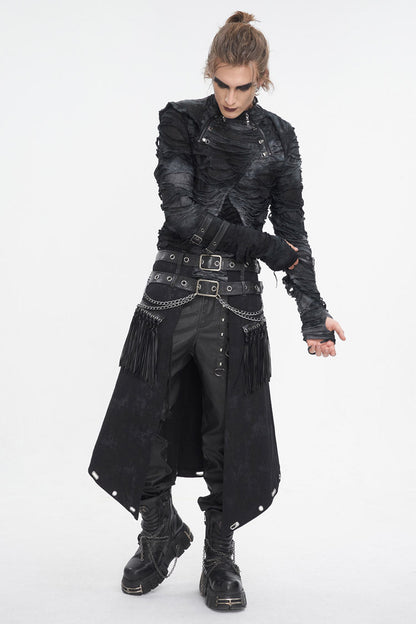 Black High Collar Long Sleeves Print Ripped Men's Punk Hoodies T-Shirt