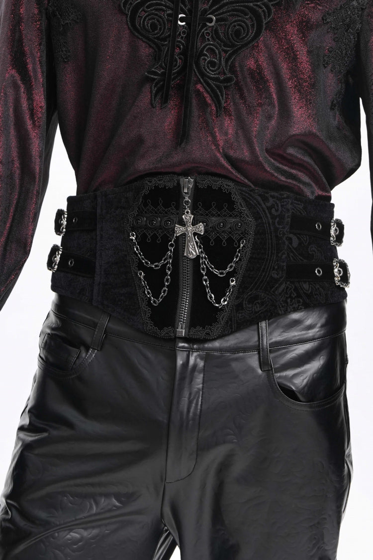 Black Lace-Up Slim Buckled Pearl-Decorated Men's Gothic Palace Accessory Cross Chain Girdle