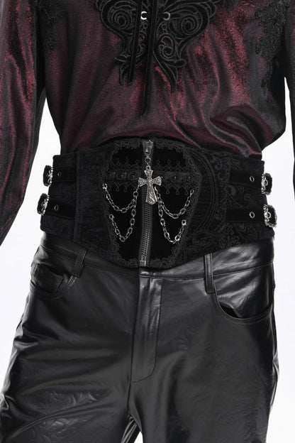 Black Lace-Up Slim Buckled Pearl-Decorated Men's Gothic Palace Accessory Cross Chain Girdle