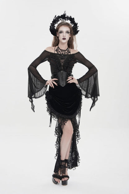 Black Embroidered Rose Lace-up Irregular Women's Gothic Hem Skirt