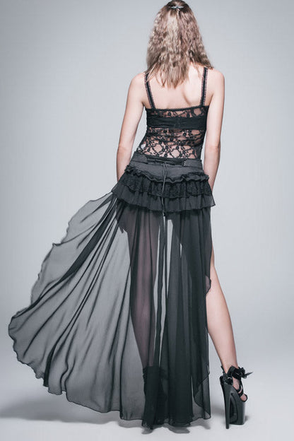 Back Front Buckle Waist Lace Up Chiffon Lace Hem Gothic Short Womens Pants