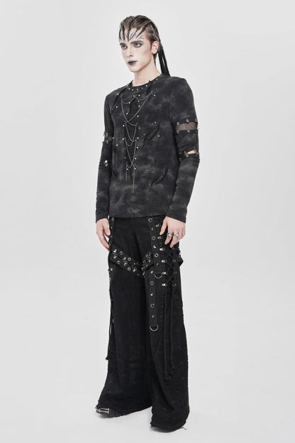 Black Long Sleeves Cutout Rivets Chain Men's Punk Blouse