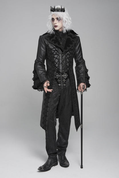 Black Long Trumpet Sleeves Floral Crochet Embroidery Lace-Up Men's Gothic Coat