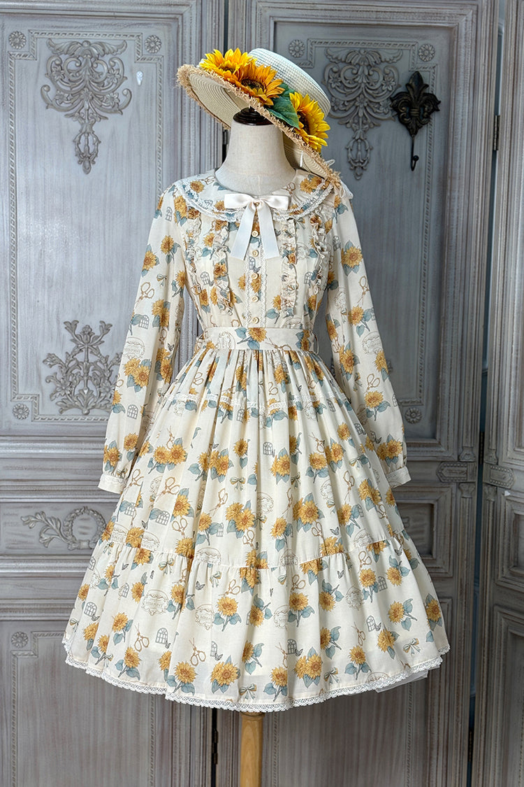 Apricot [Gardening Sunflower] Long Sleeves Print Ruffle Bowknot Sweet Elegant Lolita Dress