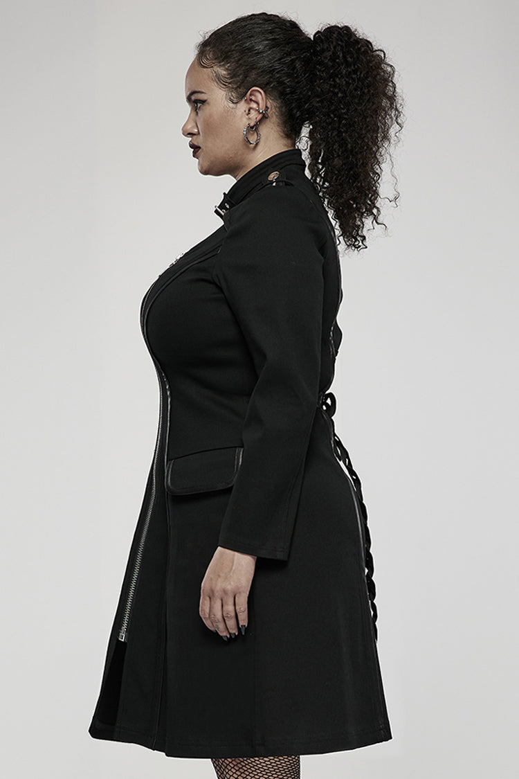 Black Elasticity Knitted Stitching Glued Fabric Slim And Handsome Pocket Decoration Metal Zipper Women's Plus Size Punk Dress