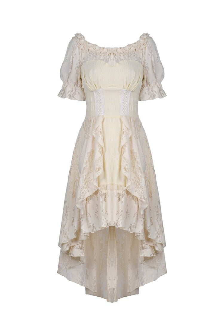 Beige Ruffled Off Shoulder Short Sleeves Ruched Women's Steampunk Vintage Gorgeous Graduation Dress