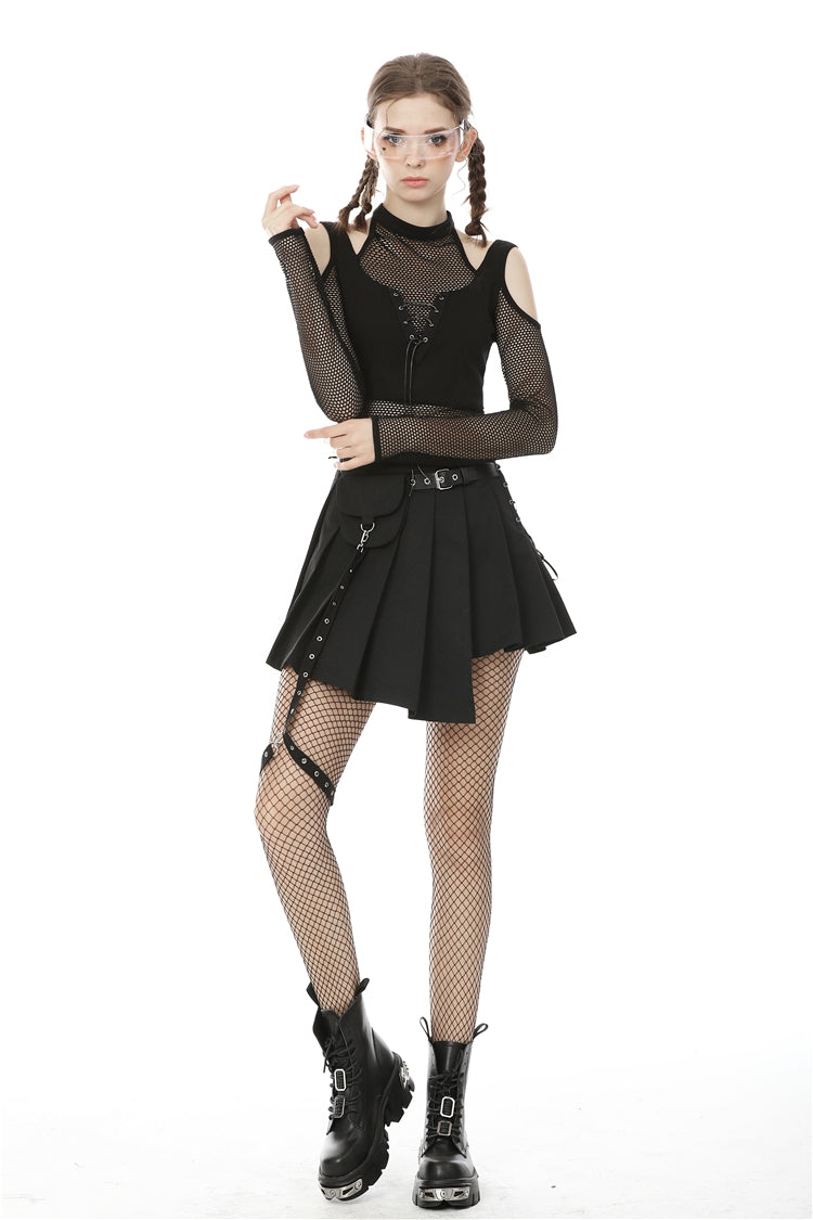 Black Off Shoulder Long Sleeves Lace-Up Chest Straps Sheer Mesh Women's Punk Top