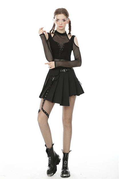 Black Off Shoulder Long Sleeves Lace-Up Chest Straps Sheer Mesh Women's Punk Top