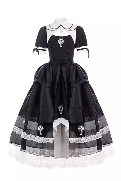 Black Nun Style Prayer for the Dead Stitching Lace Sheer Gothic Lolita Dress Two-piece Set