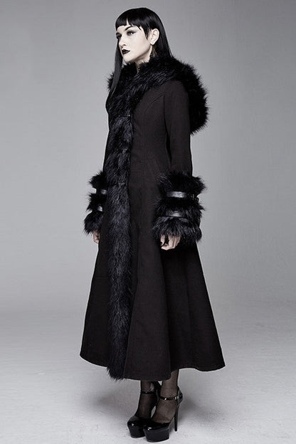 Black Gothic Double Faced Woolen Hooded Long Sexy Women Coat
