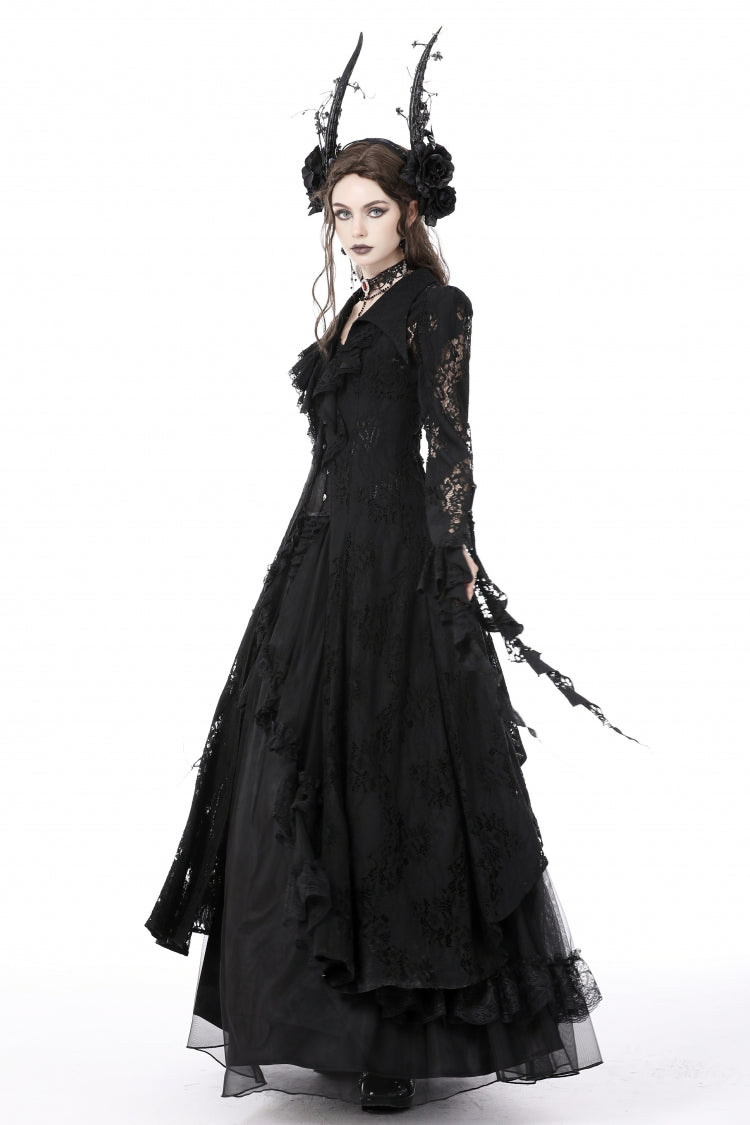 Black Lapel Collar Long Sleeves Ruffled Irregular Lace Lace-Up Women's Gothic Jacket Dress